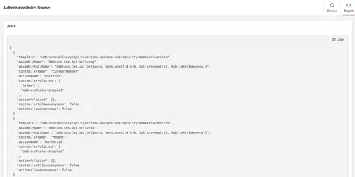 The Auth Policy Browser export view.
