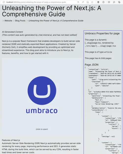 Resulting next.js front-end blog, driven by Umbraco