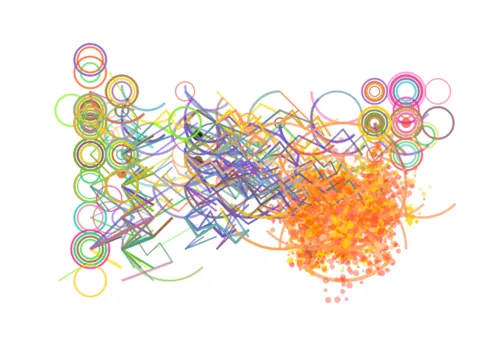 A partially structured random assortment of colourful lines and circles which look nothing like an elephant