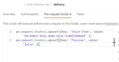 Fig 5.1 - How to configure your Postman collection's authorization, so
that it automatically adds the Umbraco Content Delivery API Key to
requests